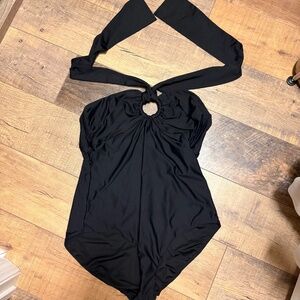 Black Ring Detail Halter One Piece Swimsuit